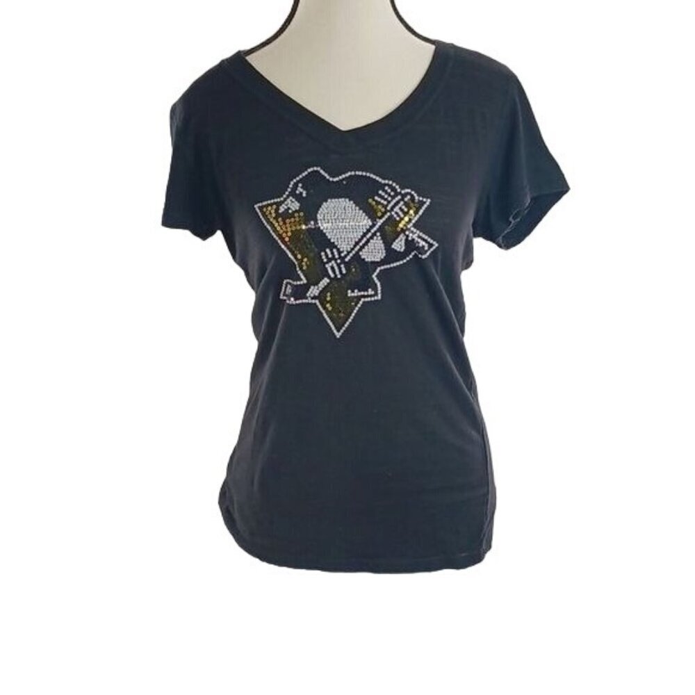 Pittsburgh Penguins V Neck T Shirt Womens M Sequin Logo Black Tee Top